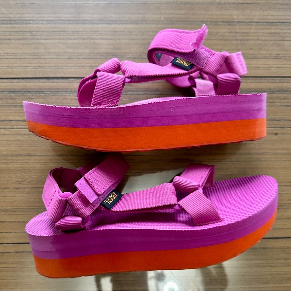 TEVA Fuchsia Hot Pink 🌺 Sunset Orange 🍊 platform sport slide sandals Barbiecore - Picture 5 of 7